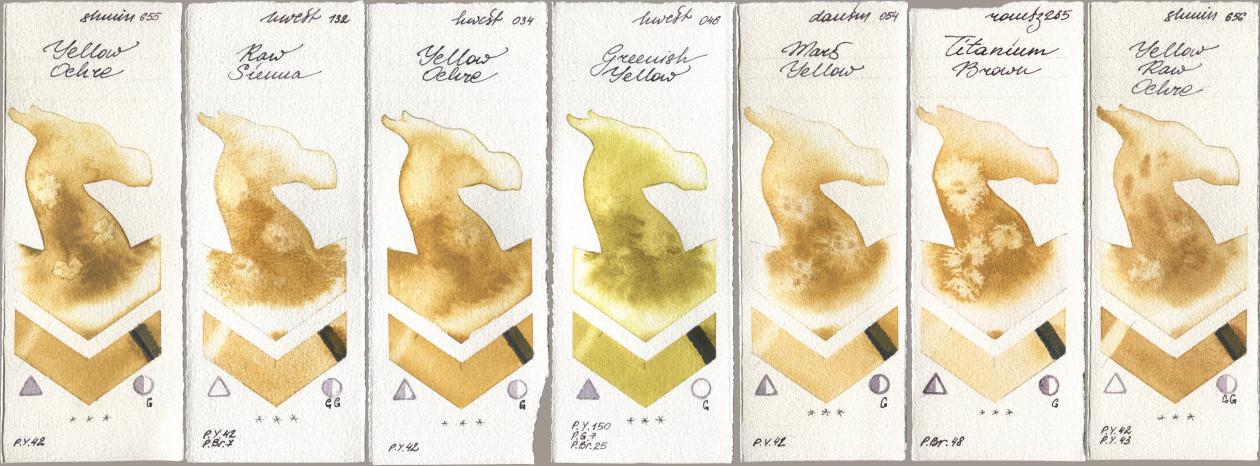 Shminke Horadam Aquarell 655 Yellow Ochre, Holbein Artists Watercolor 132 Raw Sienna, 034 Yellow Ochre, 046 Greenish Yellow, Daniel Smith 054 Mars Yellow, Roman Szmal Aquarius 265 Titanium Brown, 656 Yellow Raw Och watercolor swatch