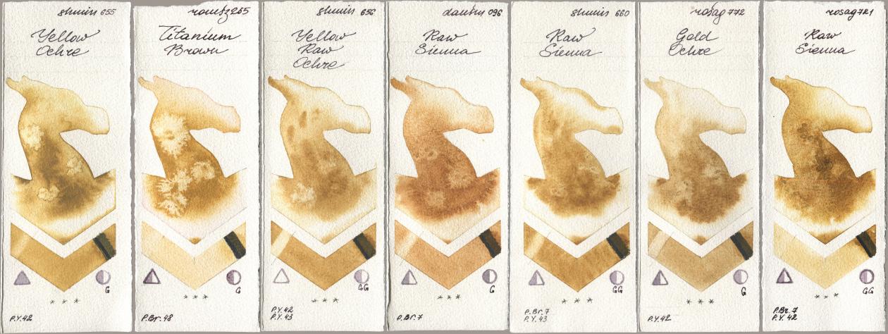 Shminke Horadam Aquarell 655 Yellow Ochre, Roman Szmal Aquarius 265 Titanium Brown, 656 Yellow Raw Ochre, Daniel Smith 096 Raw Sienna, 660 Raw Sienna, Rosa Gallery 772 Gold Ochre, 721 Raw Sien watercolor swatch