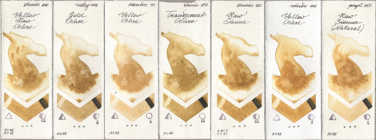 Shminke Horadam Aquarell 656 Yellow Raw Ochre, Rosa Gallery 772 Gold Ochre, Daniel Smith 114 Yellow Ochre, 657 Transparent Ochre, 660 Raw Sienna, Winsor & Newton Professional 744 Yellow Ochre, Golden QOR 450 Raw Sienna (Natura watercolor swatch