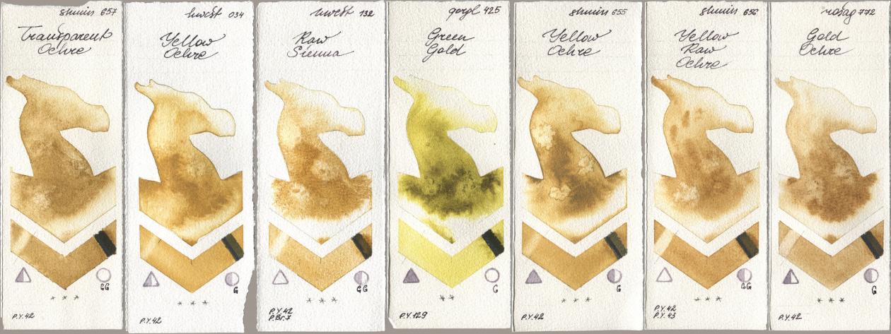Shminke Horadam Aquarell 657 Transparent Ochre, Holbein Artists Watercolor 034 Yellow Ochre, 132 Raw Sienna, Golden QOR 425 Green Gold, 655 Yellow Ochre, 656 Yellow Raw Ochre, Rosa Gallery 772 Gold Och watercolor swatch