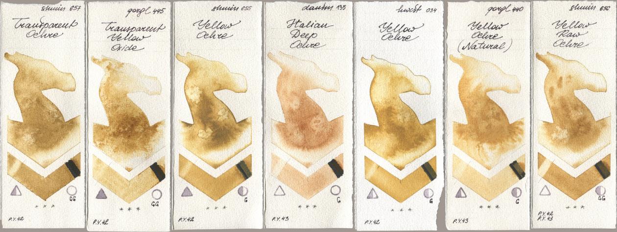 Shminke Horadam Aquarell 657 Transparent Ochre, Golden QOR 445 Transparent Yellow Oxide, 655 Yellow Ochre, Daniel Smith 135 Italian Deep Ochre, Holbein Artists Watercolor 034 Yellow Ochre, 440 Yellow Ochre (Natural), 656 Yellow Raw Och watercolor swatch