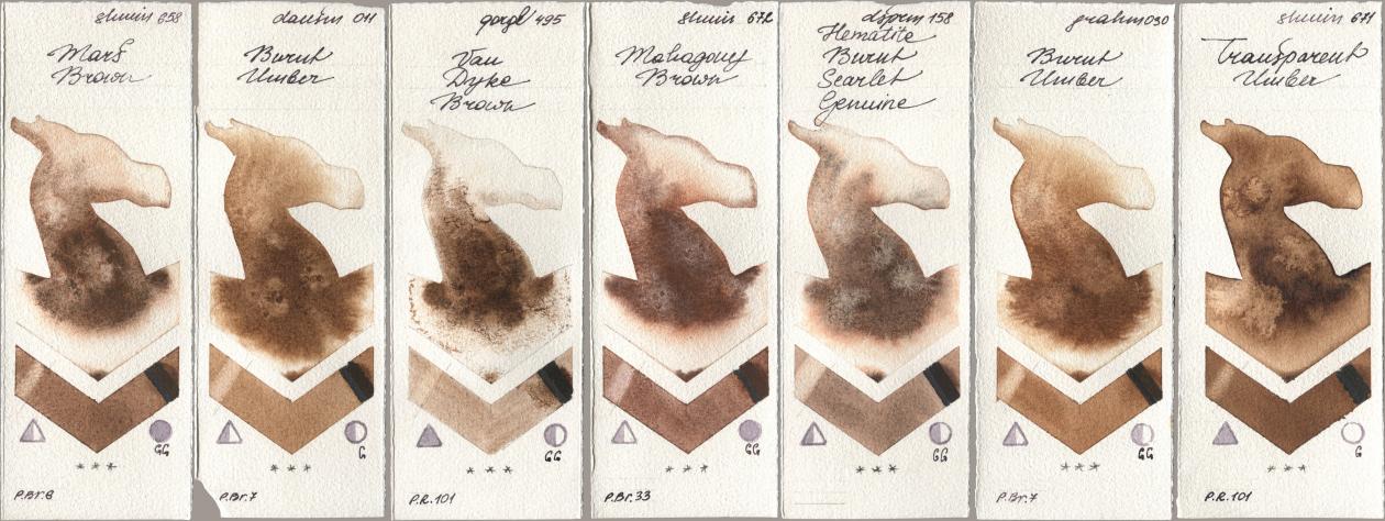 Shminke Horadam Aquarell 658 Mars Brown, Daniel Smith 011 Burnt Umber, Golden QOR 495 Van Dyke Brown, 672 Mahagony Brown, 158 Hematite Burnt Scarlet Genuine, M. Graham & Co. Artists 030 Burnt Umber, 671 Transparent Umb watercolor swatch