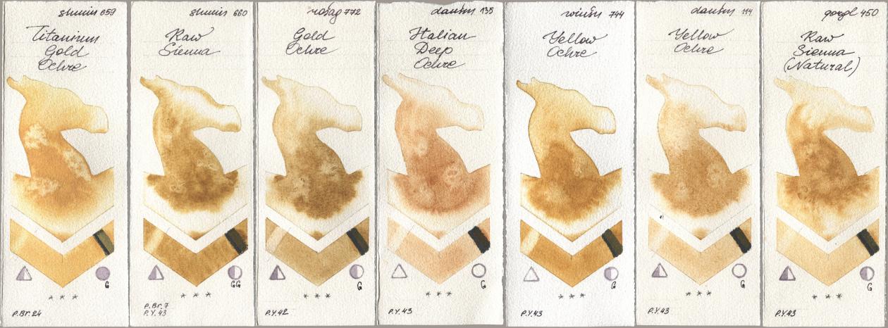 Shminke Horadam Aquarell 659 Titanium Gold Ochre, 660 Raw Sienna, Rosa Gallery 772 Gold Ochre, Daniel Smith 135 Italian Deep Ochre, Winsor & Newton Professional 744 Yellow Ochre, 114 Yellow Ochre, Golden QOR 450 Raw Sienna (Natura watercolor swatch