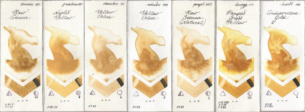 Shminke Horadam Aquarell 660 Raw Sienna, M. Graham & Co. Artists 121 Naples Yellow, Daniel Smith 114 Yellow Ochre, Winsor & Newton Professional 744 Yellow Ochre, Golden QOR 450 Raw Sienna (Natural), Holbein Artists Watercolor 511 Pampas Grass Yellow, 142 Quinacridone Go watercolor swatch