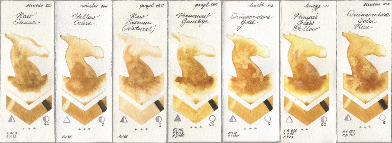 Shminke Horadam Aquarell 660 Raw Sienna, Winsor & Newton Professional 744 Yellow Ochre, Golden QOR 450 Raw Sienna (Natural), 150 Permanent Gamboge, Holbein Artists Watercolor 142 Quinacridone Gold, 511 Pampas Grass Yellow, 217 Quinacridone Gold H watercolor swatch