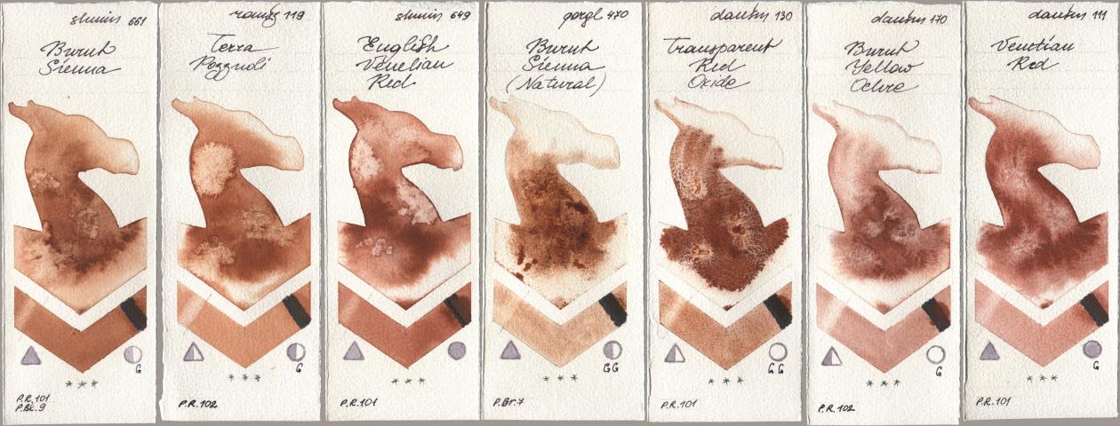 Shminke Horadam Aquarell 661 Burnt Sienna, Roman Szmal Aquarius 119 Terra Pozzuoli, 649 English Venetian Red, Golden QOR 470 Burnt Sienna (Natural), Daniel Smith 130 Transparent Red Oxide, 170 Burnt Yellow Ochre, 111 Venetian R watercolor swatch