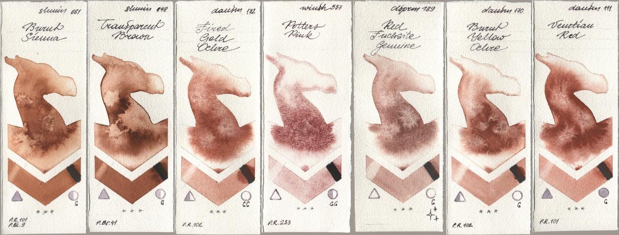 Shminke Horadam Aquarell 661 Burnt Sienna, 648 Transparent Brown, Daniel Smith 172 Fired Gold Ochre, Winsor & Newton Professional 537 Potters Pink, 189 Red Fuchsite Genuine, 170 Burnt Yellow Ochre, 111 Venetian R watercolor swatch