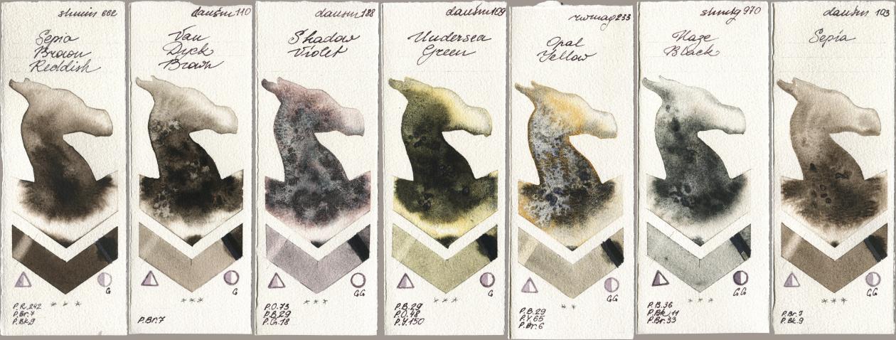 Shminke Horadam Aquarell 662 Sepia Brown Reddish, Daniel Smith 110 Van Dyck Brown, 188 Shadow Violet, 109 Undersea Green, Rockwell 233 Opal Yellow, 970 Haze Black, 103 Sep watercolor swatch