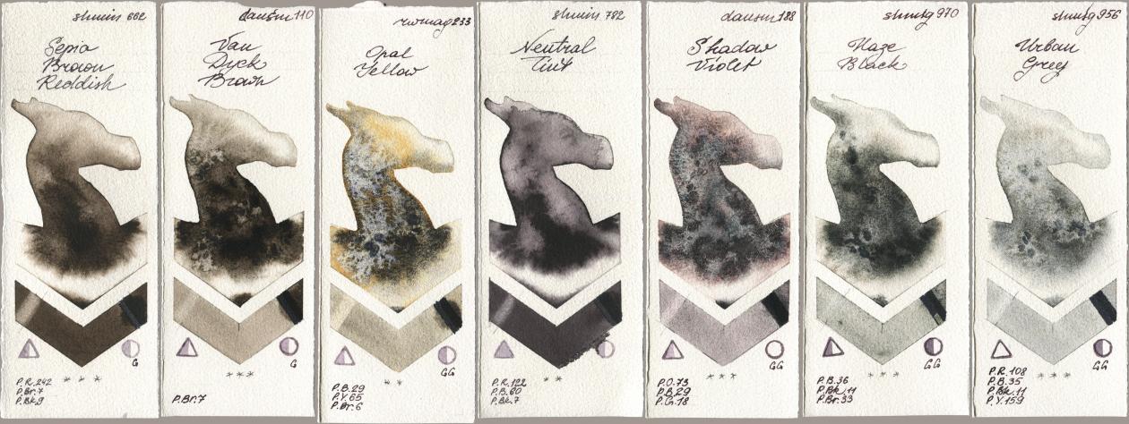 Shminke Horadam Aquarell 662 Sepia Brown Reddish, Daniel Smith 110 Van Dyck Brown, Rockwell 233 Opal Yellow, 782 Neutral Tint, 188 Shadow Violet, 970 Haze Black, 956 Urban Gr watercolor swatch