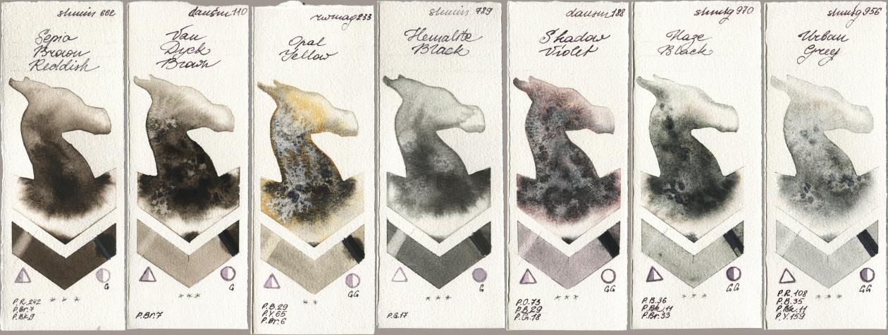 Shminke Horadam Aquarell 662 Sepia Brown Reddish, Daniel Smith 110 Van Dyck Brown, Rockwell 233 Opal Yellow, 789 Hematite Black, 188 Shadow Violet, 970 Haze Black, 956 Urban Gr watercolor swatch