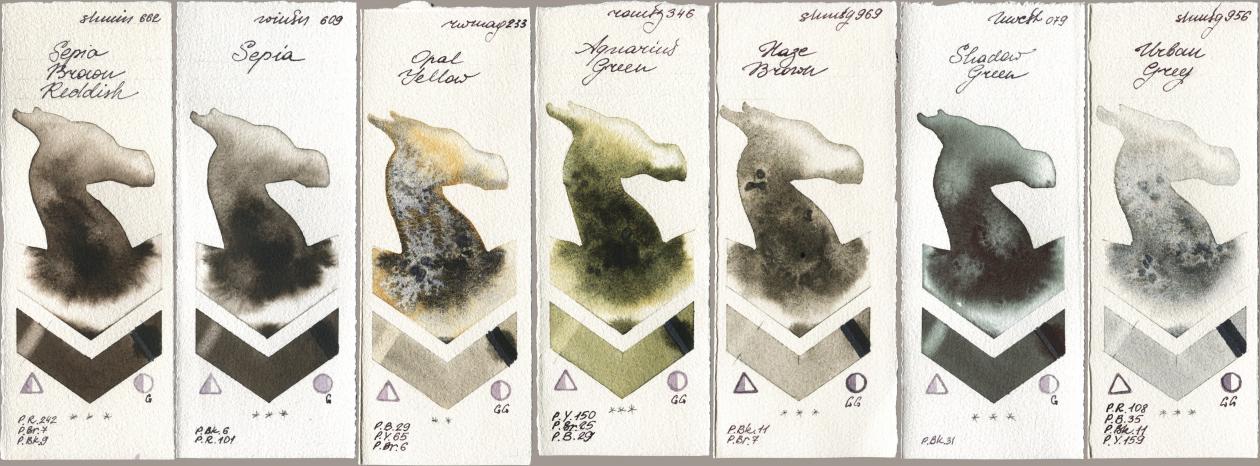 Shminke Horadam Aquarell 662 Sepia Brown Reddish, Winsor & Newton Professional 609 Sepia, Rockwell 233 Opal Yellow, Roman Szmal Aquarius 346 Aquarius Green, 969 Haze Brown, Holbein Artists Watercolor 079 Shadow Green, 956 Urban Gr watercolor swatch