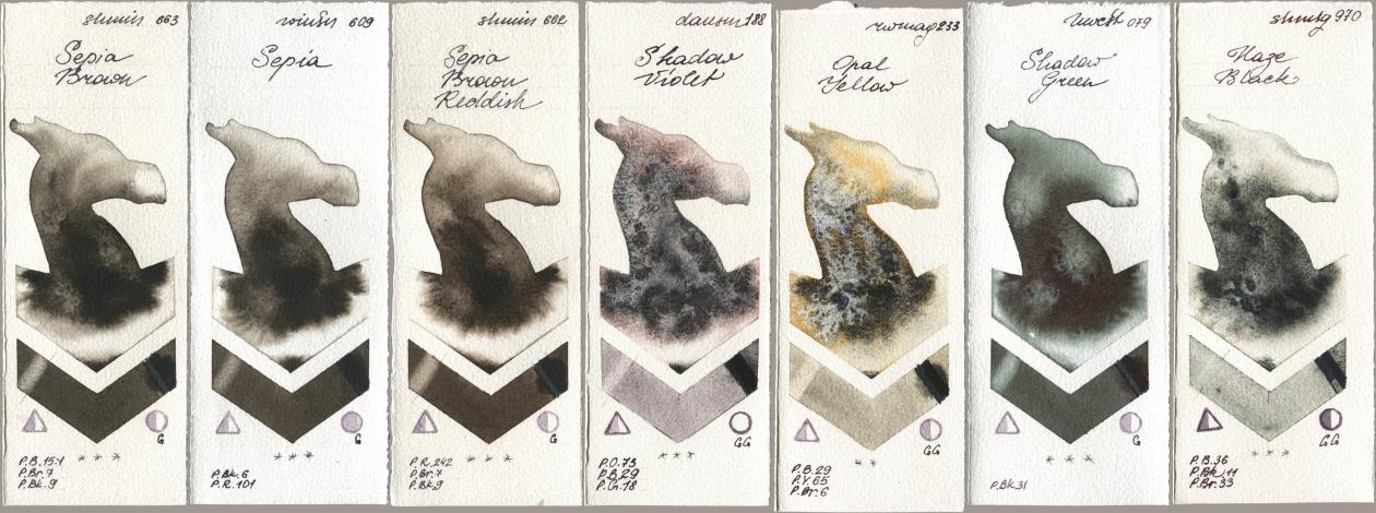 Shminke Horadam Aquarell 663 Sepia Brown, Winsor & Newton Professional 609 Sepia, 662 Sepia Brown Reddish, Daniel Smith 188 Shadow Violet, Rockwell 233 Opal Yellow, Holbein Artists Watercolor 079 Shadow Green, 970 Haze Bla watercolor swatch