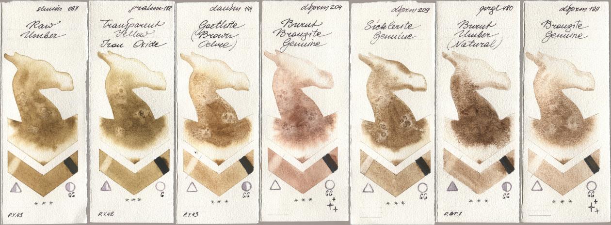 Shminke Horadam Aquarell 667 Raw Umber, M. Graham & Co. Artists 188 Transparent Yellow Iron Oxide, Daniel Smith 144 Goethite (Brown Ochre), 204 Burnt Bronzite Genuine, 209 Sicklerite Genuine, Golden QOR 480 Burnt Umber (Natural), 199 Bronzite Genui watercolor swatch