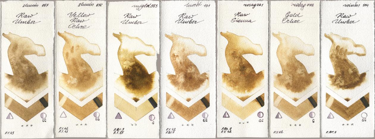 Shminke Horadam Aquarell 667 Raw Umber, 656 Yellow Raw Ochre, Mijello Mission Gold 563 Raw Umber, Holbein Artists Watercolor 131 Raw Umber, Rosa Gallery 721 Raw Sienna, 772 Gold Ochre, Winsor & Newton Professional 554 Raw Umb watercolor swatch