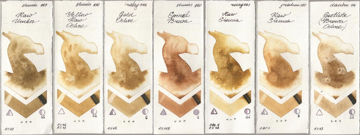 Shminke Horadam Aquarell 667 Raw Umber, 656 Yellow Raw Ochre, Rosa Gallery 772 Gold Ochre, 650 Spinel Brown, 721 Raw Sienna, M. Graham & Co. Artists 160 Raw Sienna, Daniel Smith 144 Goethite (Brown Ochr watercolor swatch