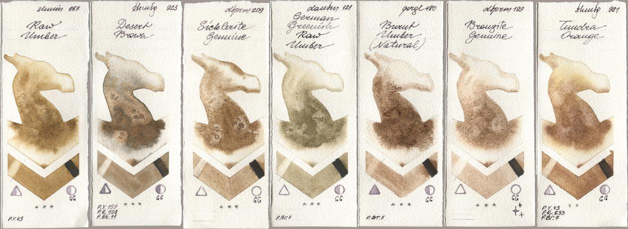 Shminke Horadam Aquarell 667 Raw Umber, 923 Desert Brown, Daniel Smith 209 Sicklerite Genuine, 121 German Greenish Raw Umber, Golden QOR 480 Burnt Umber (Natural), 199 Bronzite Genuine, 981 Tundra Oran watercolor swatch