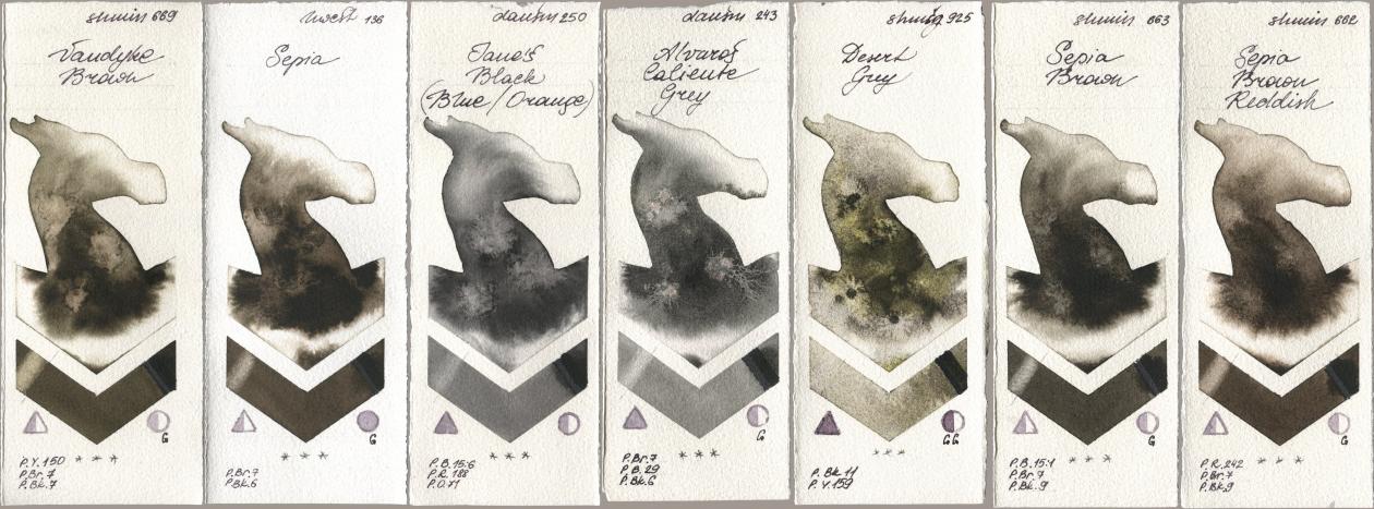 Shminke Horadam Aquarell 669 Vandyke Brown, Holbein Artists Watercolor 136 Sepia, Daniel Smith 250 Janes Black (Blue/Orange), 243 Alvaros Caliente Grey, 925 Desert Grey, 663 Sepia Brown, 662 Sepia Brown Reddi watercolor swatch