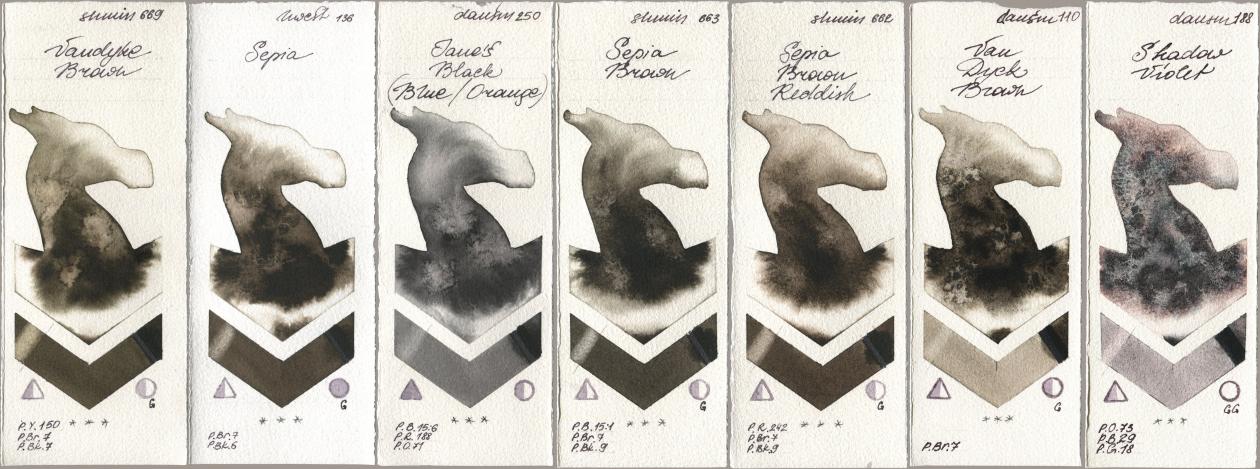 Shminke Horadam Aquarell 669 Vandyke Brown, Holbein Artists Watercolor 136 Sepia, Daniel Smith 250 Janes Black (Blue/Orange), 663 Sepia Brown, 662 Sepia Brown Reddish, 110 Van Dyck Brown, 188 Shadow Viol watercolor swatch
