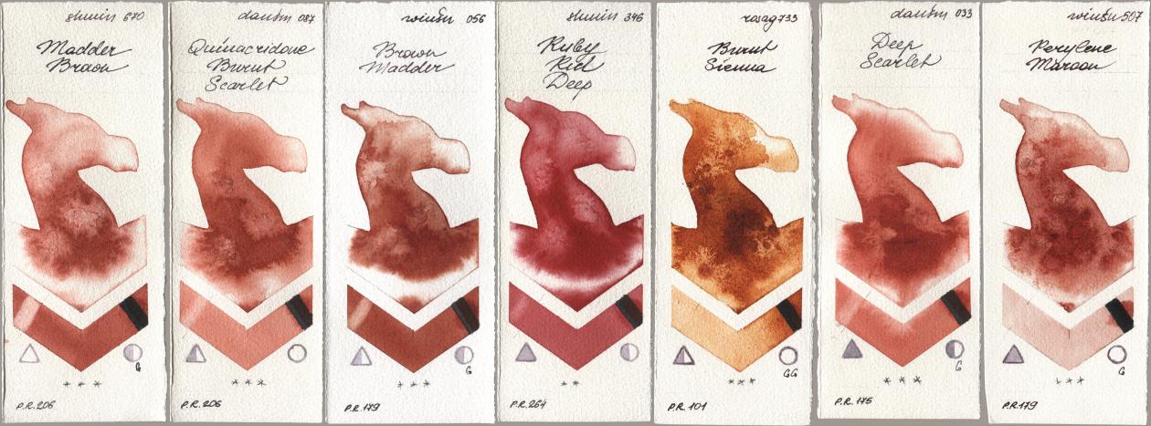 Shminke Horadam Aquarell 670 Madder Brown, Daniel Smith 087 Quinacridone Burnt Scarlet, Winsor & Newton Professional 056 Brown Madder, 346 Ruby Red Deep, Rosa Gallery 733 Burnt Sienna, 033 Deep Scarlet, 507 Perylene Maro watercolor swatch