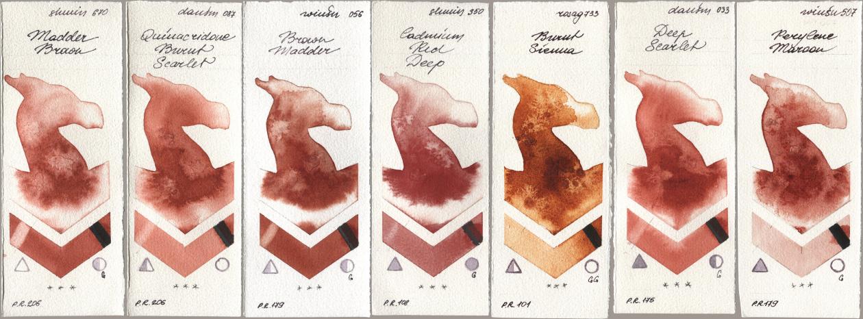 Shminke Horadam Aquarell 670 Madder Brown, Daniel Smith 087 Quinacridone Burnt Scarlet, Winsor & Newton Professional 056 Brown Madder, 350 Cadmium Red Deep, Rosa Gallery 733 Burnt Sienna, 033 Deep Scarlet, 507 Perylene Maro watercolor swatch