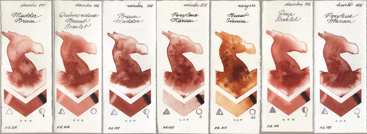 Shminke Horadam Aquarell 670 Madder Brown, Daniel Smith 087 Quinacridone Burnt Scarlet, Winsor & Newton Professional 056 Brown Madder, 507 Perylene Maroon, Rosa Gallery 733 Burnt Sienna, 033 Deep Scarlet, Holbein Artists Watercolor 008 Perylene Maro watercolor swatch