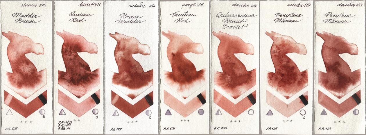 Shminke Horadam Aquarell 670 Madder Brown, Kuretake Gansai Tambi 071 Indian Red, Winsor & Newton Professional 056 Brown Madder, Golden QOR 465 Venetian Red, Daniel Smith 087 Quinacridone Burnt Scarlet, 507 Perylene Maroon, 074 Perylene Maro watercolor swatch