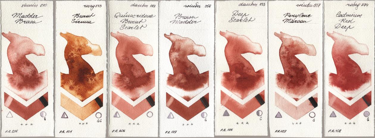 Shminke Horadam Aquarell 670 Madder Brown, Rosa Gallery 733 Burnt Sienna, Daniel Smith 087 Quinacridone Burnt Scarlet, Winsor & Newton Professional 056 Brown Madder, 033 Deep Scarlet, 507 Perylene Maroon, 774 Cadmium Red De watercolor swatch