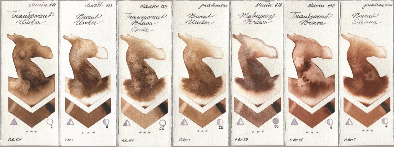 Shminke Horadam Aquarell 671 Transparent Umber, Holbein Artists Watercolor 133 Burnt Umber, Daniel Smith 129 Transparent Brown Oxide, M. Graham & Co. Artists 030 Burnt Umber, 672 Mahagony Brown, 648 Transparent Brown, 020 Burnt Sien watercolor swatch