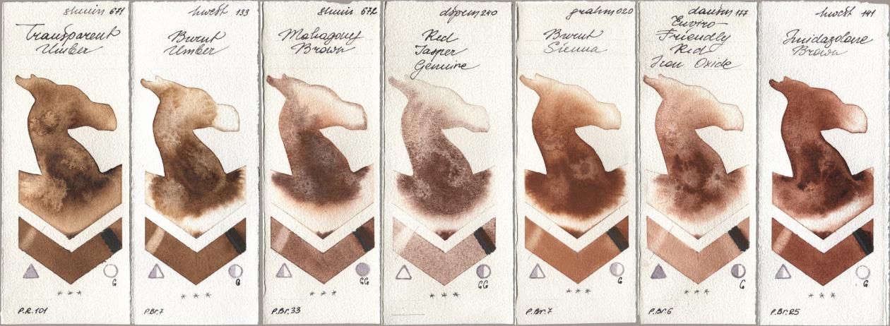 Shminke Horadam Aquarell 671 Transparent Umber, Holbein Artists Watercolor 133 Burnt Umber, 672 Mahagony Brown, Daniel Smith 240 Red Jasper Genuine, M. Graham & Co. Artists 020 Burnt Sienna, 177 Enviro-Friendly Red Iron Oxide, 141 Imidazolone Bro watercolor swatch