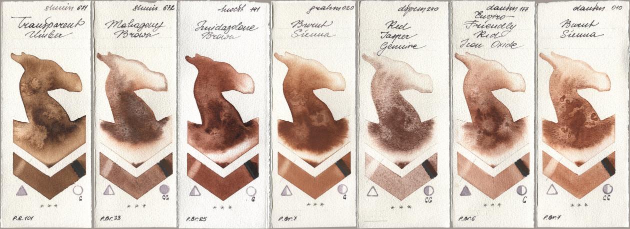 Shminke Horadam Aquarell 671 Transparent Umber, 672 Mahagony Brown, Holbein Artists Watercolor 141 Imidazolone Brown, M. Graham & Co. Artists 020 Burnt Sienna, Daniel Smith 240 Red Jasper Genuine, 177 Enviro-Friendly Red Iron Oxide, 010 Burnt Sien watercolor swatch