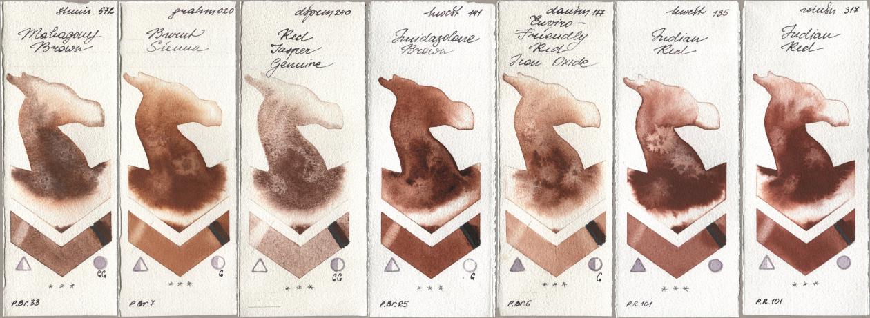 Shminke Horadam Aquarell 672 Mahagony Brown, M. Graham & Co. Artists 020 Burnt Sienna, Daniel Smith 240 Red Jasper Genuine, Holbein Artists Watercolor 141 Imidazolone Brown, 177 Enviro-Friendly Red Iron Oxide, 135 Indian Red, Winsor & Newton Professional 317 Indian R watercolor swatch