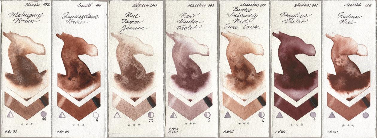 Shminke Horadam Aquarell 672 Mahagony Brown, Holbein Artists Watercolor 141 Imidazolone Brown, Daniel Smith 240 Red Jasper Genuine, 098 Raw Umber Violet, 177 Enviro-Friendly Red Iron Oxide, 371 Perylene Violet, 135 Indian R watercolor swatch