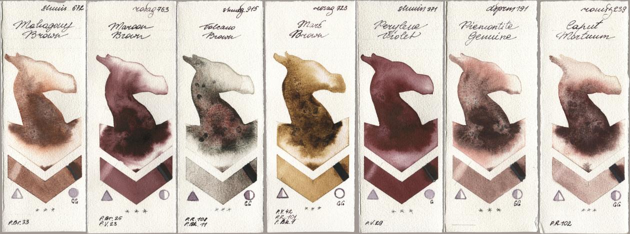 Shminke Horadam Aquarell 672 Mahagony Brown, Rosa Gallery 763 Maroon Brown, 915 Volcano Brown, 723 Mars Brown, 371 Perylene Violet, Daniel Smith 191 Piemontite Genuine, Roman Szmal Aquarius 239 Caput Mortu watercolor swatch