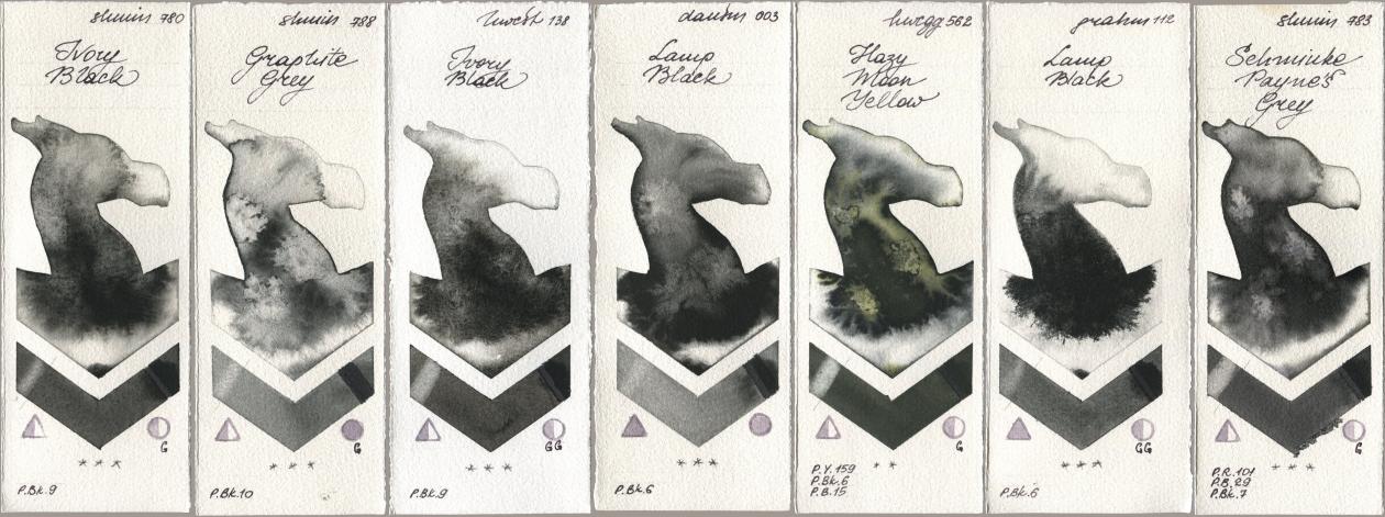 Shminke Horadam Aquarell 780 Ivory Black, 788 Graphite Grey, Holbein Artists Watercolor 138 Ivory Black, Daniel Smith 003 Lamp Black, 562 Hazy Moon Yellow, M. Graham & Co. Artists 112 Lamp Black, 783 Schmincke Paynes Gr watercolor swatch