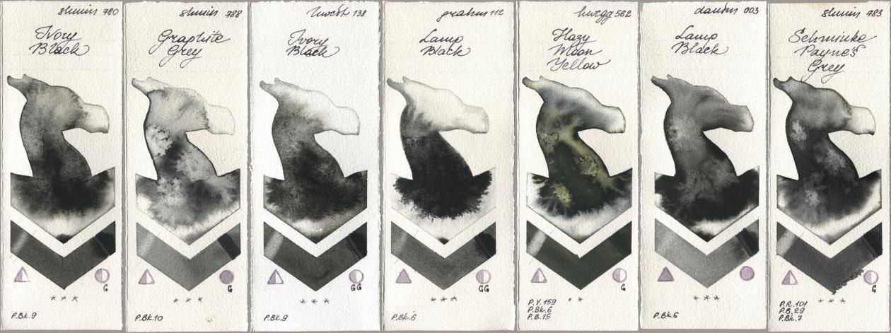 Shminke Horadam Aquarell 780 Ivory Black, 788 Graphite Grey, Holbein Artists Watercolor 138 Ivory Black, M. Graham & Co. Artists 112 Lamp Black, 562 Hazy Moon Yellow, Daniel Smith 003 Lamp Black, 783 Schmincke Paynes Gr watercolor swatch