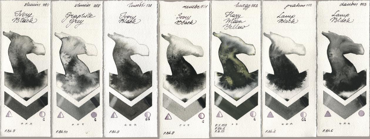 Shminke Horadam Aquarell 780 Ivory Black, 788 Graphite Grey, Holbein Artists Watercolor 138 Ivory Black, Royal Talens Rembrandt Watercolour 701 Ivory Black, 562 Hazy Moon Yellow, M. Graham & Co. Artists 112 Lamp Black, Daniel Smith 003 Lamp Bla watercolor swatch