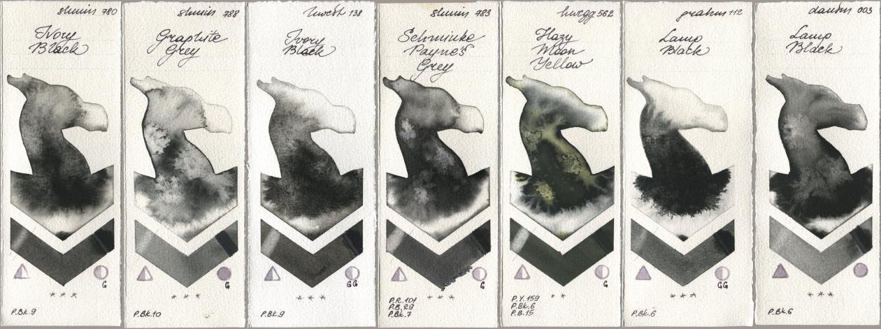 Shminke Horadam Aquarell 780 Ivory Black, 788 Graphite Grey, Holbein Artists Watercolor 138 Ivory Black, 783 Schmincke Paynes Grey, 562 Hazy Moon Yellow, M. Graham & Co. Artists 112 Lamp Black, Daniel Smith 003 Lamp Bla watercolor swatch