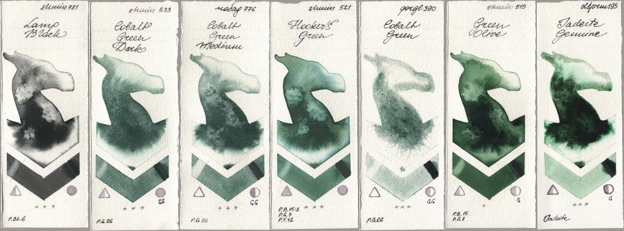 Shminke Horadam Aquarell 781 Lamp Black, 533 Cobalt Green Dark, Rosa Gallery 776 Cobalt Green Medium, 521 Hookers Green, Golden QOR 390 Cobalt Green, 515 Green Olive, Daniel Smith 195 Jadeite Genui watercolor swatch