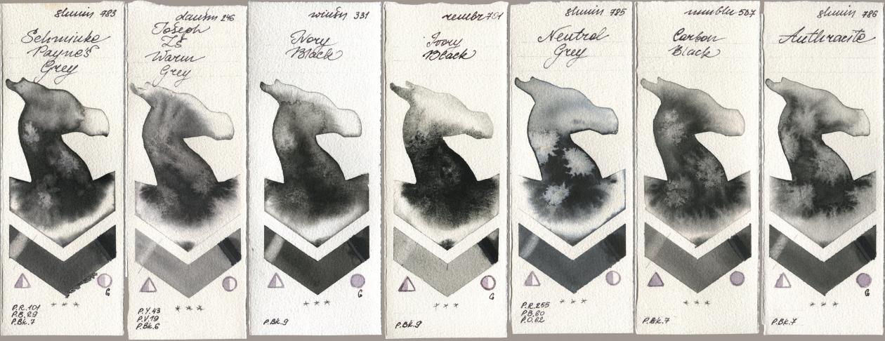 Shminke Horadam Aquarell 783 Schmincke Paynes Grey, Daniel Smith 246 Joseph Zs Warm Grey, Winsor & Newton Professional 331 Ivory Black, Royal Talens Rembrandt Watercolour 701 Ivory Black, 785 Neutral Grey, Maimeri Blu 537 Carbon Black, 786 Anthraci watercolor swatch