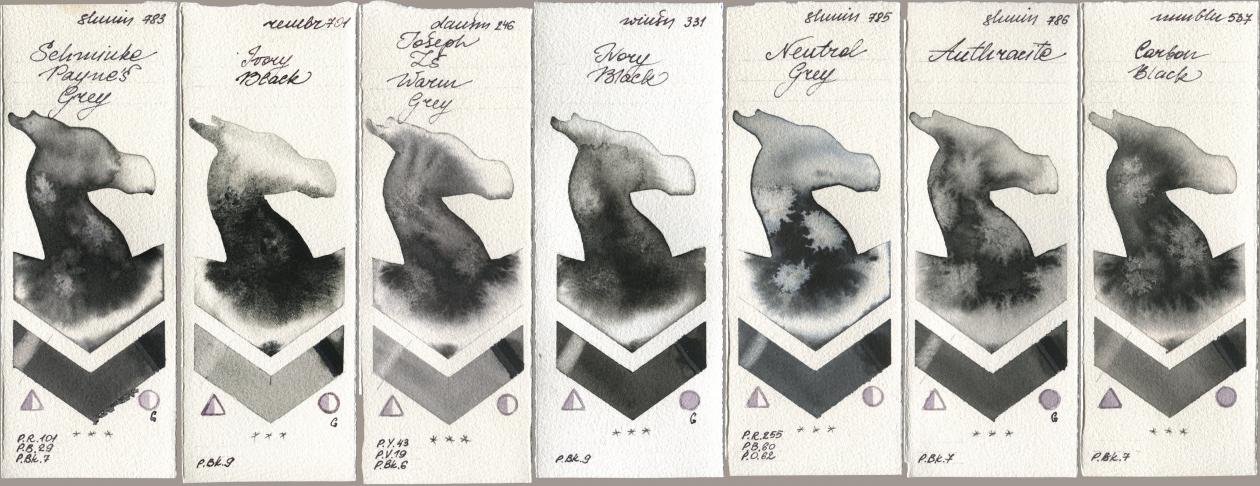 Shminke Horadam Aquarell 783 Schmincke Paynes Grey, Royal Talens Rembrandt Watercolour 701 Ivory Black, Daniel Smith 246 Joseph Zs Warm Grey, Winsor & Newton Professional 331 Ivory Black, 785 Neutral Grey, 786 Anthracite, Maimeri Blu 537 Carbon Bla watercolor swatch