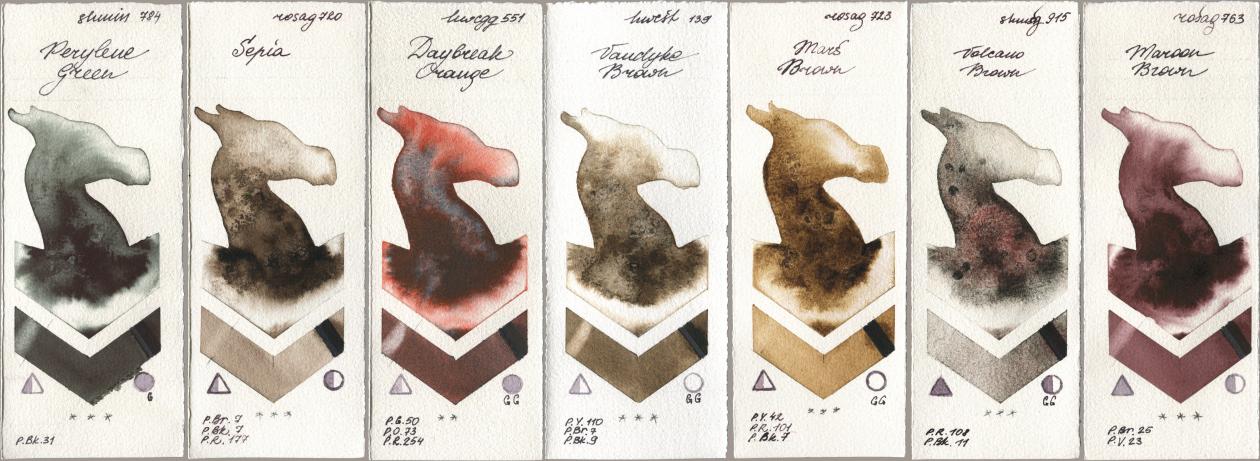 Shminke Horadam Aquarell 784 Perylene Green, Rosa Gallery 720 Sepia, Holbein Artists Watercolor 551 Daybreak Orange, 139 Vandyke Brown, 723 Mars Brown, 915 Volcano Brown, 763 Maroon Bro watercolor swatch