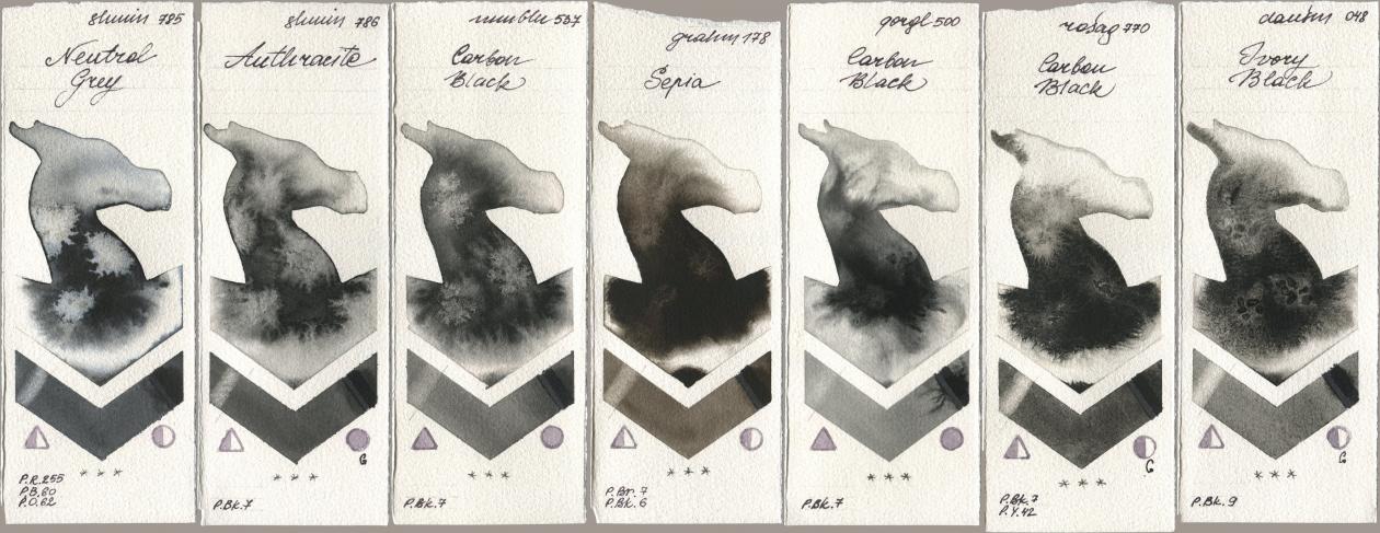 Shminke Horadam Aquarell 785 Neutral Grey, 786 Anthracite, Maimeri Blu 537 Carbon Black, M. Graham & Co. Artists 178 Sepia, Golden QOR 500 Carbon Black, Rosa Gallery 770 Carbon Black, Daniel Smith 048 Ivory Bla watercolor swatch