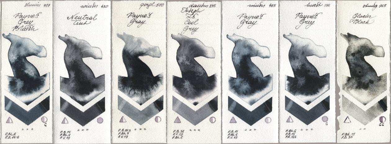 Shminke Horadam Aquarell 787 Paynes Grey Bluish, Winsor & Newton Professional 430 Neutral Tint, Golden QOR 510 Paynes Gray, Daniel Smith 245 Joseph Zs Cool Grey, 465 Paynes Gray, Holbein Artists Watercolor 156 Paynes Grey, 965 Glacier Bla watercolor swatch
