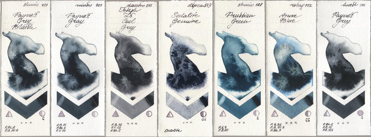 Shminke Horadam Aquarell 787 Paynes Grey Bluish, Winsor & Newton Professional 465 Paynes Gray, Daniel Smith 245 Joseph Zs Cool Grey, 179 Sodalite Genuine, 528 Prussian Green, Rosa Gallery 762 Azure Blue, Holbein Artists Watercolor 156 Paynes Gr watercolor swatch
