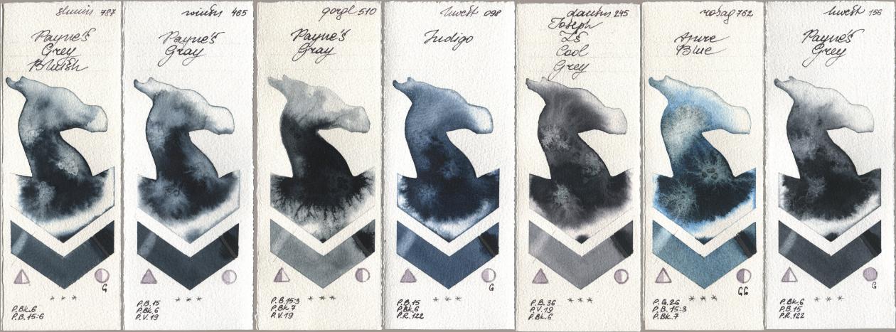 Shminke Horadam Aquarell 787 Paynes Grey Bluish, Winsor & Newton Professional 465 Paynes Gray, Golden QOR 510 Paynes Gray, Holbein Artists Watercolor 098 Indigo, Daniel Smith 245 Joseph Zs Cool Grey, Rosa Gallery 762 Azure Blue, 156 Paynes Gr watercolor swatch