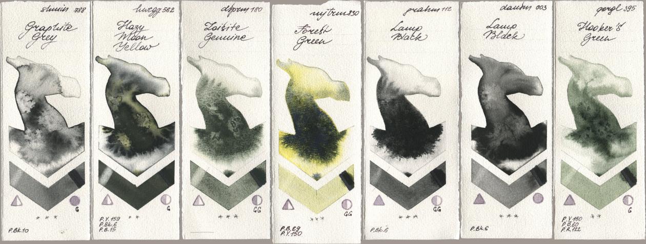 Shminke Horadam Aquarell 788 Graphite Grey, Holbein Artists Watercolor 562 Hazy Moon Yellow, Daniel Smith 180 Zoisite Genuine, Mijello Mission Gold 830 Forest Green, M. Graham & Co. Artists 112 Lamp Black, 003 Lamp Black, Golden QOR 395 Hookers Gre watercolor swatch