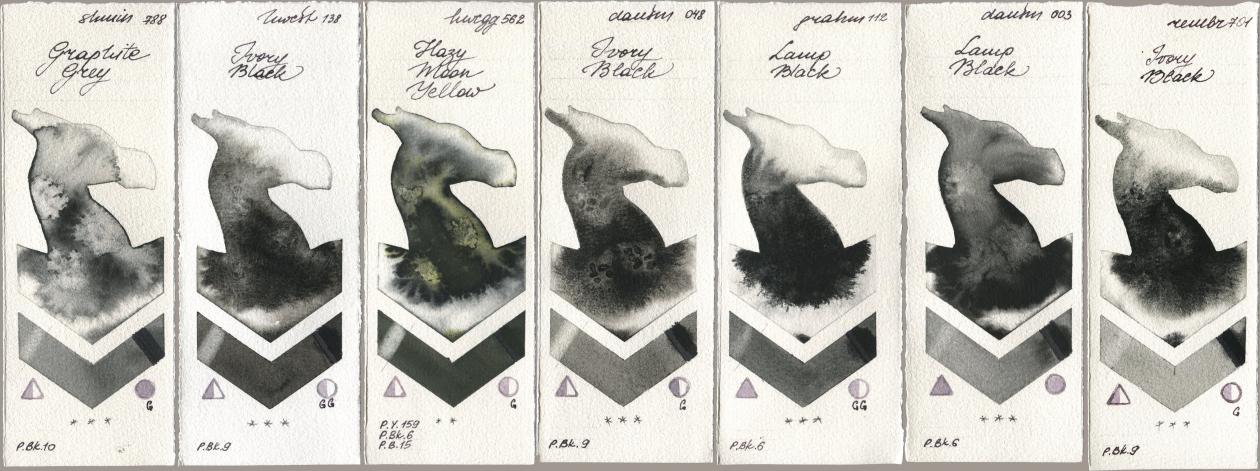 Shminke Horadam Aquarell 788 Graphite Grey, Holbein Artists Watercolor 138 Ivory Black, 562 Hazy Moon Yellow, Daniel Smith 048 Ivory Black, M. Graham & Co. Artists 112 Lamp Black, 003 Lamp Black, Royal Talens Rembrandt Watercolour 701 Ivory Bla watercolor swatch