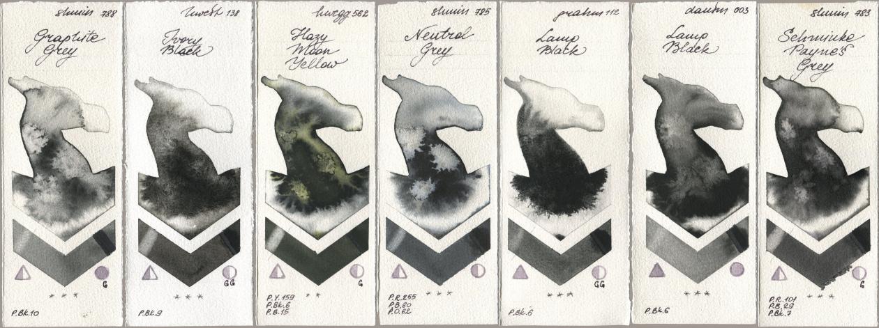 Shminke Horadam Aquarell 788 Graphite Grey, Holbein Artists Watercolor 138 Ivory Black, 562 Hazy Moon Yellow, 785 Neutral Grey, M. Graham & Co. Artists 112 Lamp Black, Daniel Smith 003 Lamp Black, 783 Schmincke Paynes Gr watercolor swatch