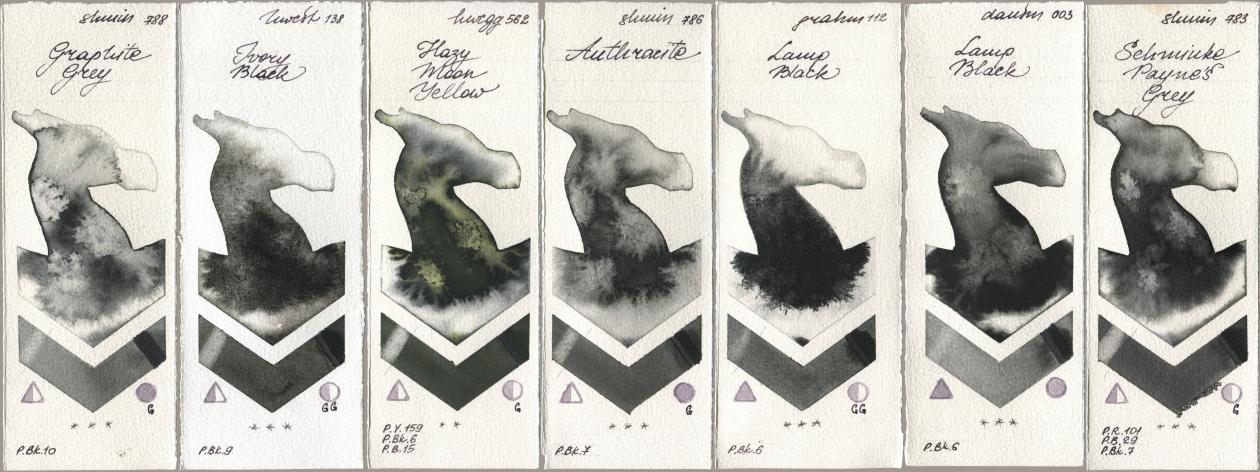 Shminke Horadam Aquarell 788 Graphite Grey, Holbein Artists Watercolor 138 Ivory Black, 562 Hazy Moon Yellow, 786 Anthracite, M. Graham & Co. Artists 112 Lamp Black, Daniel Smith 003 Lamp Black, 783 Schmincke Paynes Gr watercolor swatch