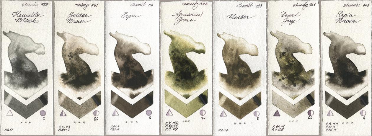 Shminke Horadam Aquarell 789 Hematite Black, Rosa Gallery 761 Golden Brown, Holbein Artists Watercolor 136 Sepia, Roman Szmal Aquarius 346 Aquarius Green, 129 Umber, 925 Desert Grey, 663 Sepia Bro watercolor swatch